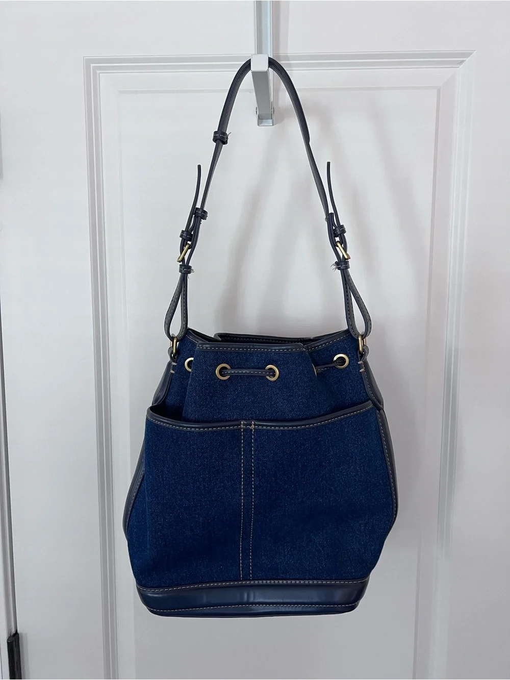 ZARA Denim Bucket Bag EUC Exterior Pockets Adjustable Strap